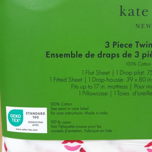 Kate Spade New York Twin XL 3-Piece Sheet Set Lipstick Kiss Print Black Red Pint - Picture 7 of 9